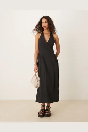 MANGO Vestido semilargo con cuello halter, cuerpo estructurado y cintura baja de algodón de