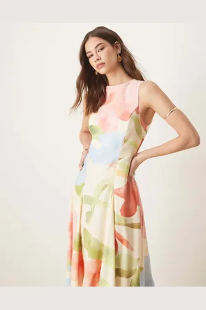 ASOS Vestido midi en tonos claros sin mangas con estampado y cintura estilo corsé de -Multicolor