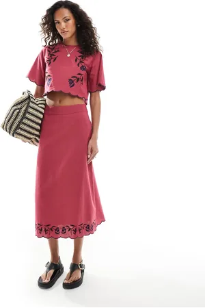 Native Youth Falda semilarga con bordes bordados de (parte de un conjunto)-Rojo