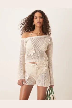 ASOS Pantalones cortos color con diseño floral tridimensional de punto de (parte de un conjunto)-Blanco