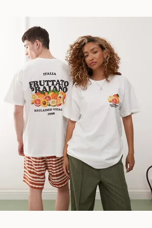 Reclaimed Camiseta blanca unisex extragrande con estampado gráfico de frutas en la espalda de