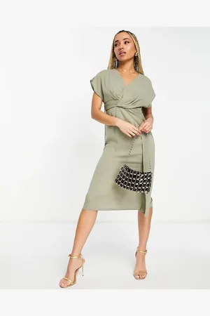 ASOS Vestido midi con parte delantera drapeada y detalle retorcido de -Verde