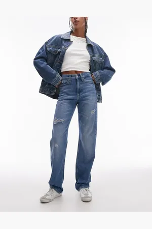 Calvin Klein Vaqueros de corte recto y talle alto con lavado claro y diseño rasgado de -Azul