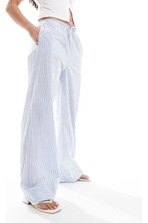 Pimkie Pantalones azules y blancos a rayas de pernera ancha con cordón ajustable de