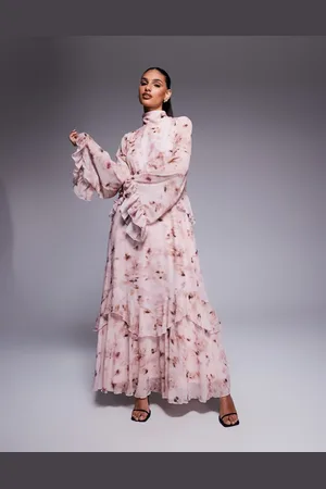 DASKA Vestido largo rosa con cuello alto, estampado floral y volantes escalonados de