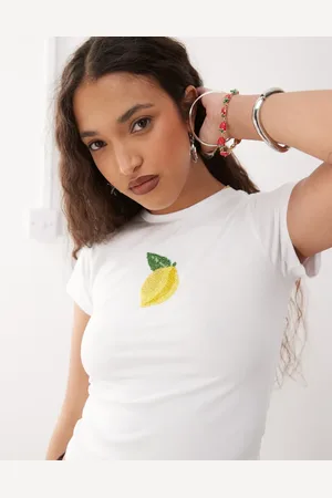 Reclaimed Camiseta blanca con diseño encogido y estampado de limón de cuentas de