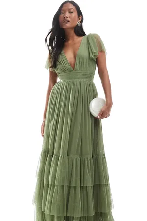 Lace & Beads Vestido de dama de honor largo verde oliva pálido Madison de