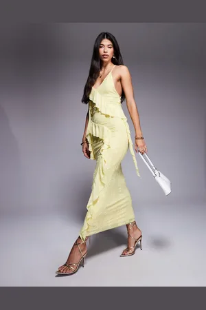 ASOS Vestido largo crema con tiras cruzadas en la espalda y volantes de devoré de