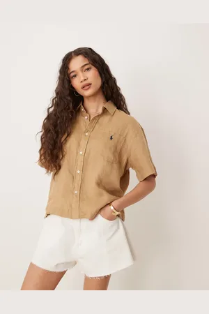 Ralph Lauren Camisa corta tostada de corte cuadrado y manga corta de lino de -Marrón