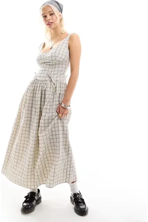 COLLUSION Vestido midi color camel a cuadros amplio con detalle de lazada de -Beis neutro