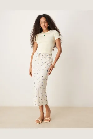 ASOS Falda midi a rayas de corte al bies de mezcla de lino de -Multicolor