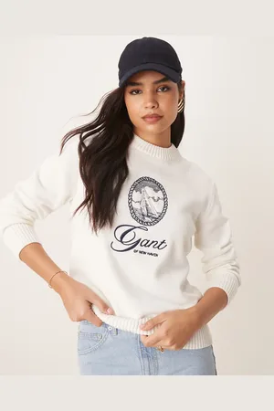 GANT Jersey blanco hueso con cuello redondo y logo bordado en la parte central del pecho de