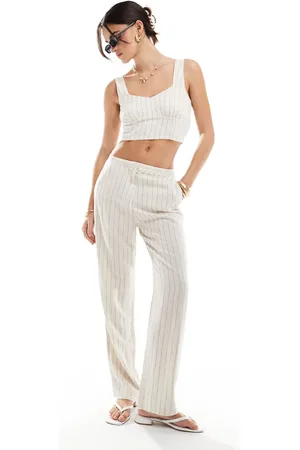ONLY Pantalones color piedra de pernera recta con raya diplomática de mezcla de lino de (parte de un conjunto)-Beis neutro