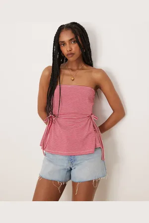 ASOS Top a rayas rojas con escote palabra de honor, cintura ceñida y lazadas laterales de