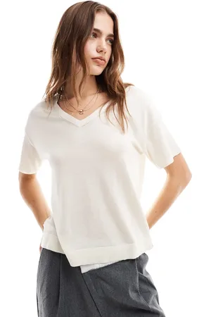 VILA Top color crema con cuello de pico de punto ligero de -Beis neutro