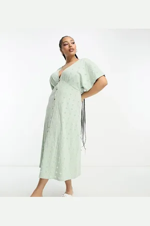 ASOS Vestido midi color salvia y crema en contraste con diseño bordado inglés, cuello de pico y botones de ASOS DESIGN Curve-Verde