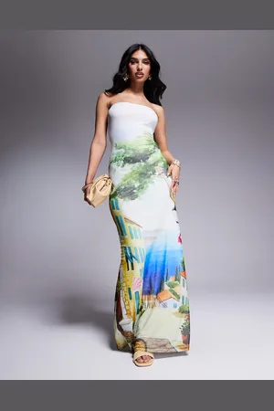 Kaiia Vestido largo ceñido con estampado de paisaje y escote palabra de honor exclusivo de