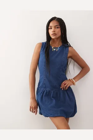 Reclaimed Vestido vaquero corto azul añil abullonado sin mangas de