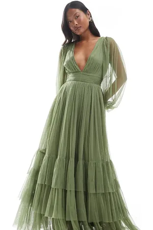 Lace & Beads Vestido de dama de honor largo verde oliva pastel de manga larga Madison de