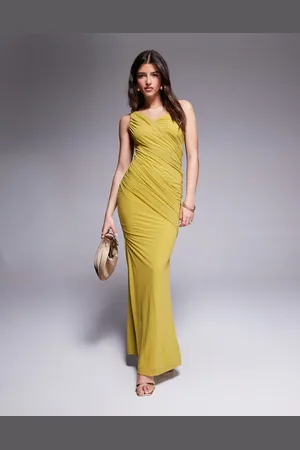 ASOS Vestido largo amarillo verdoso drapeado con detalle anudado de chifón elástico de
