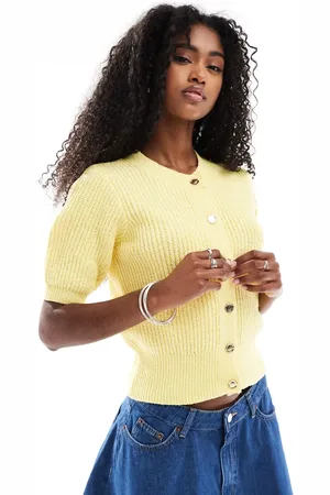 ASOS Cárdigan amarillo pastel de manga corta con botones dorados de bouclé texturizado de