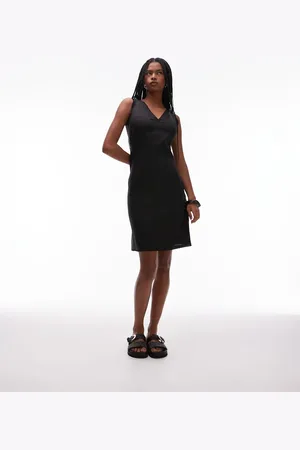ARKET Vestido midi de corte recto con cuello de pico y ribete de volante de tejido rico en lino de