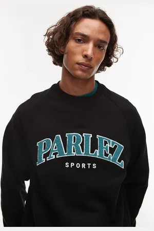 Parlez Sudadera negra con cuello redondo y logo de estilo universitario de tejido rizado de