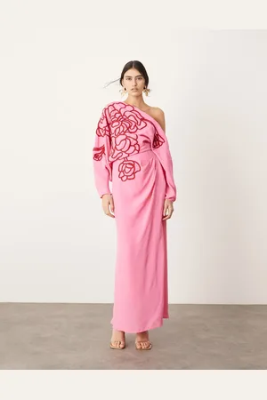 ASOS Vestido midi con bordado floral lineal y hombro caído drapeado de