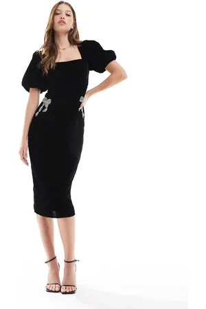 HOPE & IVY Vestido midi con cuello cuadrado y lazos adornados de terciopelo de