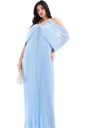 TFNC Vestido de dama de honor largo plisado con hombros descubiertos de chifón de