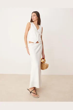 Abercrombie & Fitch Falda larga blanca de corte al bies de mezcla de lino de