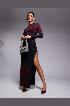 Kaiia Vestido largo ceñido con estampado de rosa, cuello alto y abertura hasta el muslo de malla exclusivo de x Sasha Corte-Rojo