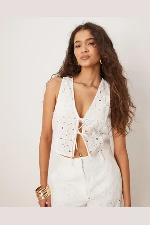 MANGO Chaleco de traje con lazada delantera y bordado floral de algodón de (parte de un conjunto)