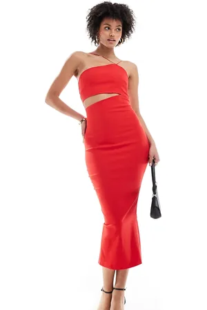 Vesper Vestido midi rojo con cuello halter asimétrico y aberturas de bengalina de