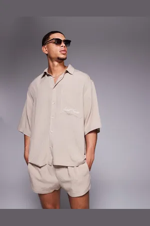 ASOS Camisa marrón extragrande con bordado en el pecho de mezcla de lino de (parte de un conjunto)