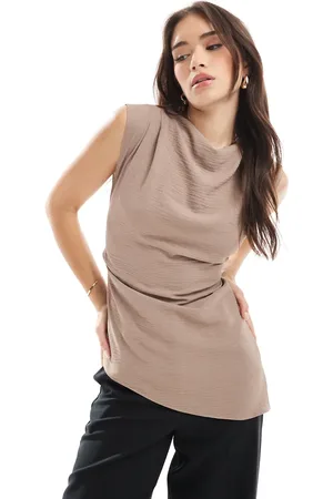 ASOS Top marrón grisáceo con cuello desbocado drapeado y espada descubierta con lazada de -Neutro