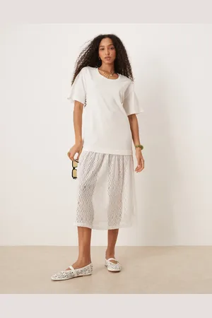 ASOS Vestido midi blanco estilo camiseta con cintura caída de croché de