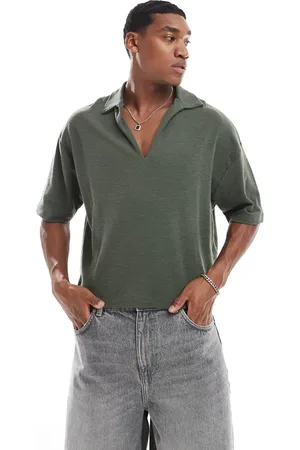 ASOS Polo caqui extragrande con cuello de pico pronunciado de tejido texturizado de -Verde
