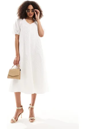 ASOS Vestido midi con mangas abullonadas y detalle plisado de chevrón de