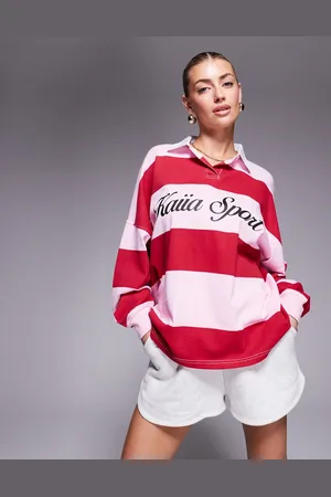 Kaiia Camisa a rayas rojas y rosas extragrande de estilo rugby de Sport-Multicolor