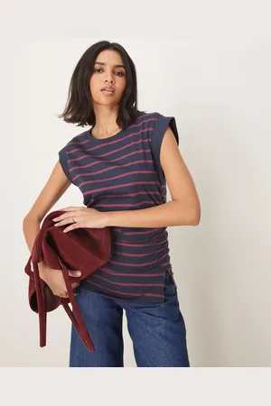 ASOS Camiseta a rayas burdeos y azul marino sin mangas con hombros marcados y cinturilla estilo corsé de