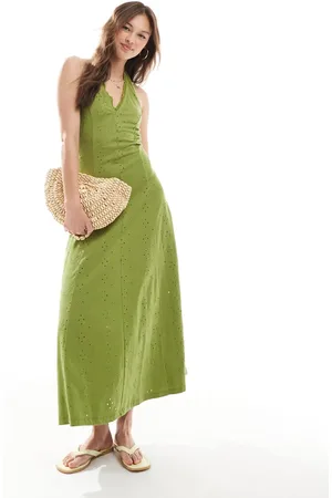 ASOS Vestido midi verde con cuello halter y bordado inglés de