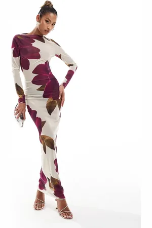 Murci Vestido largo color crema con estampado morado de peonías de malla exclusivo de -Multicolor