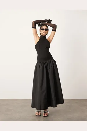 ASOS Vestido largo con cuello halter y cintura asimétrica de tejidos en contraste de