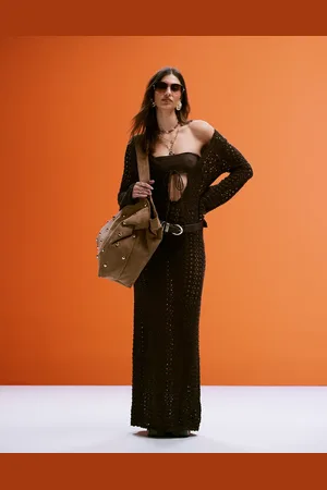 MANGO Vestido largo con lazada delantera de croché de algodón de -Negro