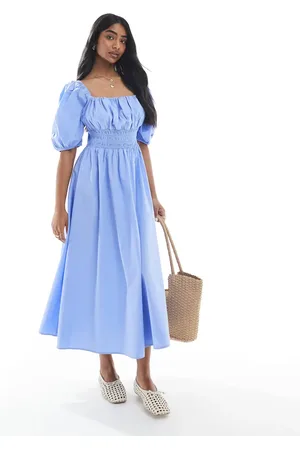 VERO MODA Vestido midi azul de estilo mesonera con mangas abullonadas de