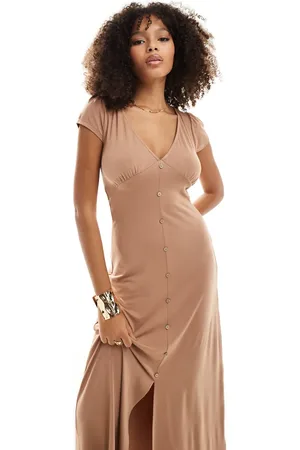 ASOS Vestido de tarde midi color piedra con manga de casquillo y botones delanteros de -Beis neutro