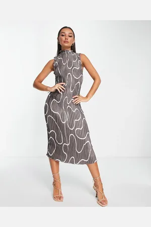 ASOS Vestido midi plisado de cuello alto con estampado abstracto de satén de