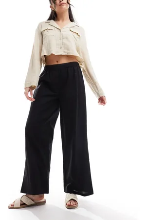 COLLUSION Pantalones playeros negros de pernera recta con cinturilla estilo bóxer de tejido liso de