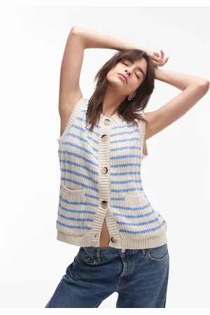 Topshop Chaleco color crudo a rayas azules abotonado de punto calado de